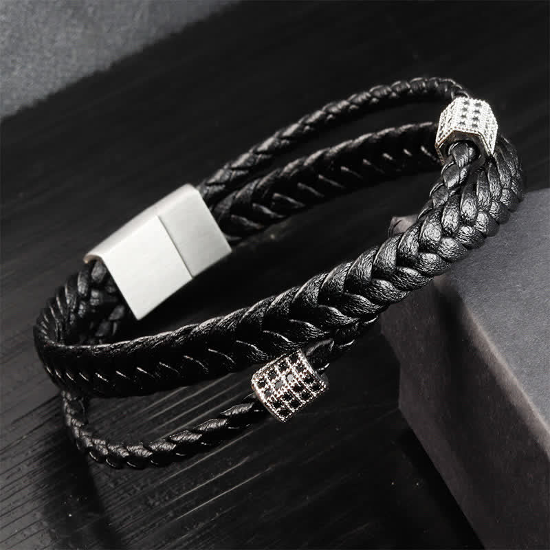 Buddha Stones Pulsera multi-envoltura de acero de titanio trenzado y tejido a mano en cuero negro - Acero - image 6