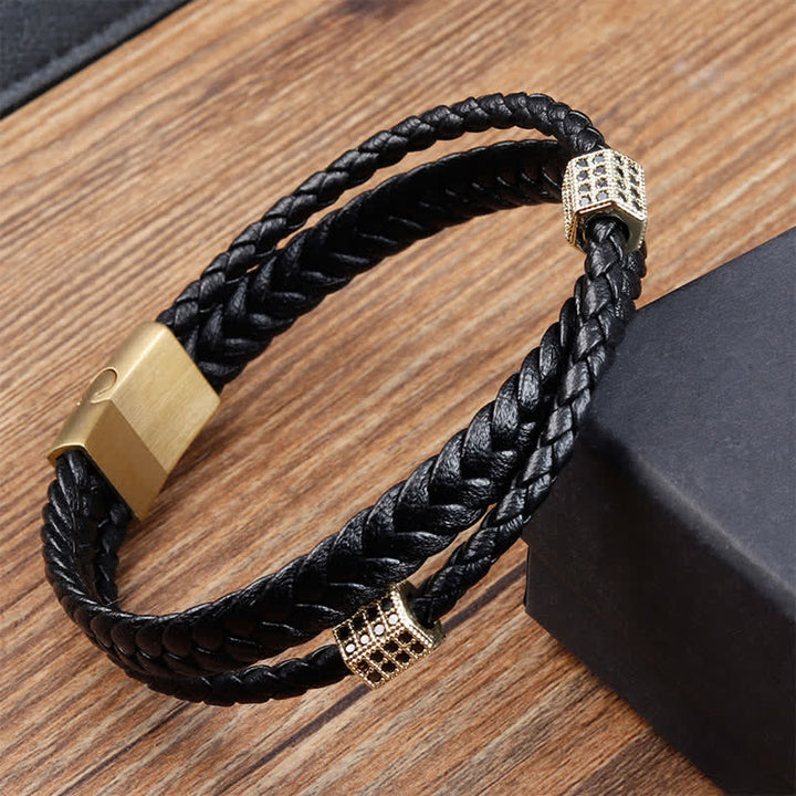 Buddha Stones Pulsera multi-envoltura de acero de titanio trenzado y tejido a mano en cuero negro - image 8