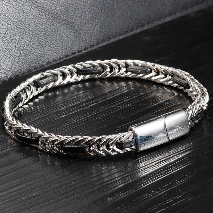 Buddha Stones Pulsera de doble capa de acero de titanio trenzado en cuero negro para mayor durabilidad - image 1