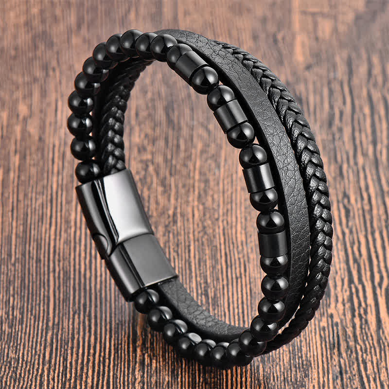 Buddha Stones Pulsera de cuero negro trenzada de doble capa para mayor resistencia - image 1