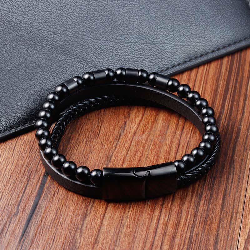 Buddha Stones Pulsera de cuero negro trenzada de doble capa para mayor resistencia - image 4