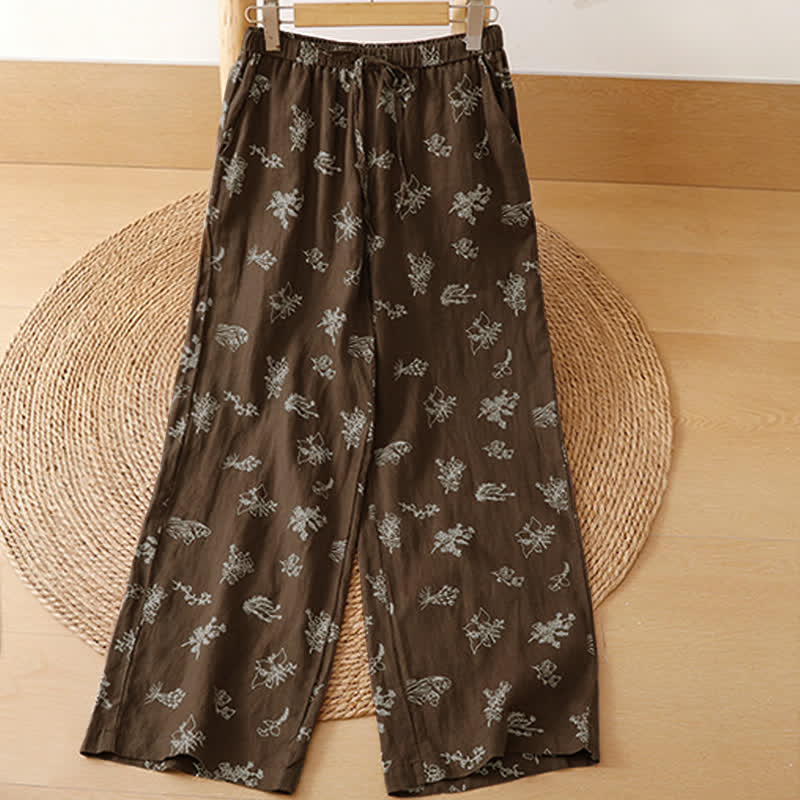 Buddha Stones Pantalones tobilleros florales de estilo vintage con cordón ajustable, estilo casual de verano para mujer, de pierna ancha y con bolsillo. - image 1