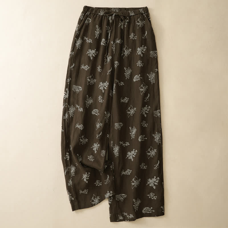 Buddha Stones Pantalones tobilleros florales de estilo vintage con cordón ajustable, estilo casual de verano para mujer, de pierna ancha y con bolsillo. - Marrón silla de montar - US8-10, UK/AU12-14, EU40-42 (2XL) - image 0
