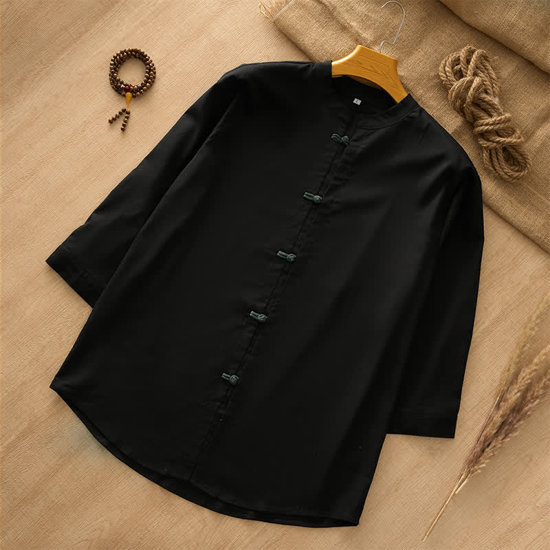 Buddha Stones Camisas de manga larga para hombre de estilo Tang, informales, con botones de rana, para primavera y verano. - Negro - US/UK/AU44, EU54 (3XL) - image 5