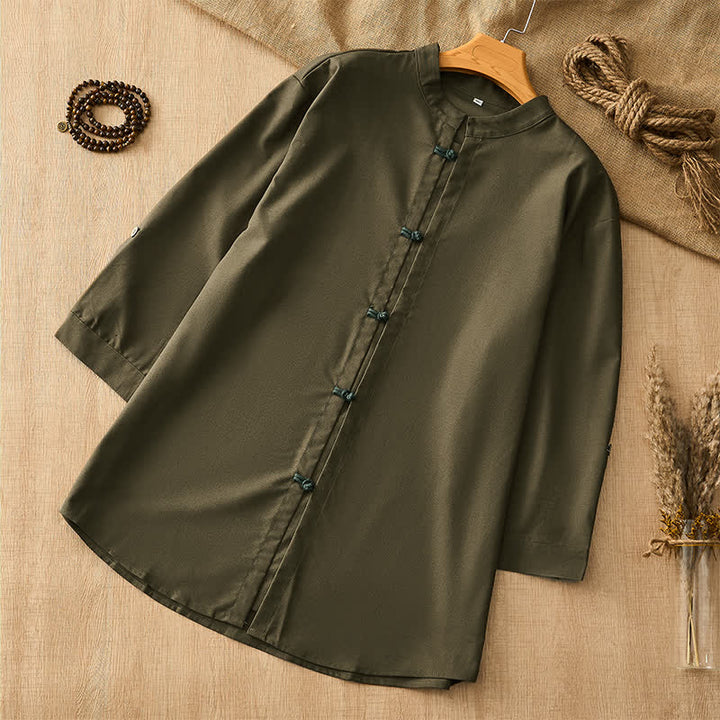 Buddha Stones Camisas de manga larga para hombre de estilo Tang, informales, con botones de rana, para primavera y verano. - Verde oliva oscuro - US/UK/AU44, EU54 (3XL) - image 13