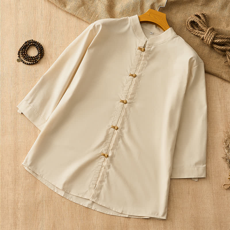 Buddha Stones Camisas de manga larga para hombre de estilo Tang, informales, con botones de rana, para primavera y verano. - Beige - US/UK/AU44, EU54 (3XL) - image 0