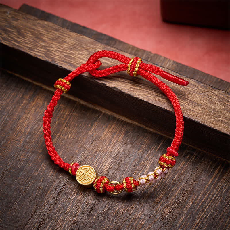 Buddha Stones Pulsera de bendiciones con monedas de cobre y cordón rojo del personaje Fu - image 2