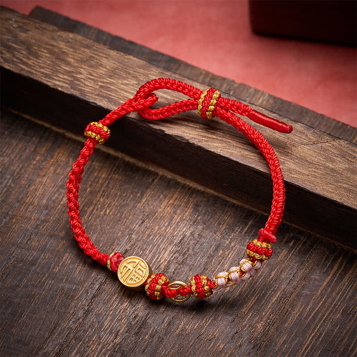 Buddha Stones Pulsera de bendiciones con monedas de cobre y cordón rojo del personaje Fu - image 2