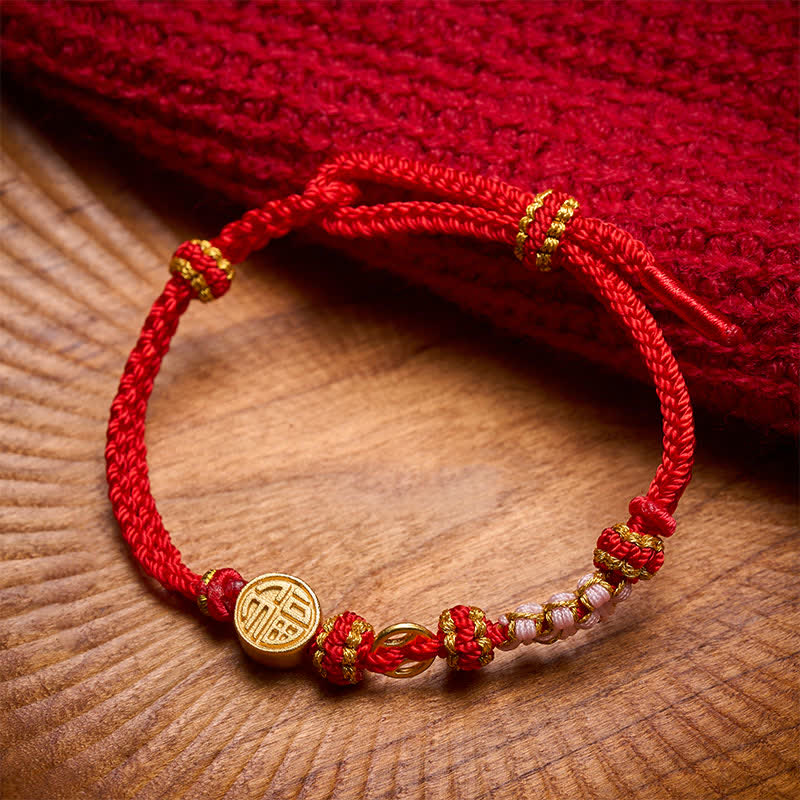 Buddha Stones Pulsera de bendiciones con monedas de cobre y cordón rojo del personaje Fu - image 1