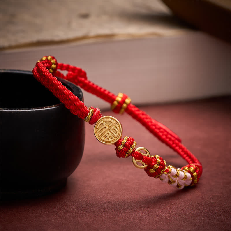 Buddha Stones Pulsera de bendiciones con monedas de cobre y cordón rojo del personaje Fu - Cordón rojo (circunferencia de la muñeca: 15–18 cm) - image 0