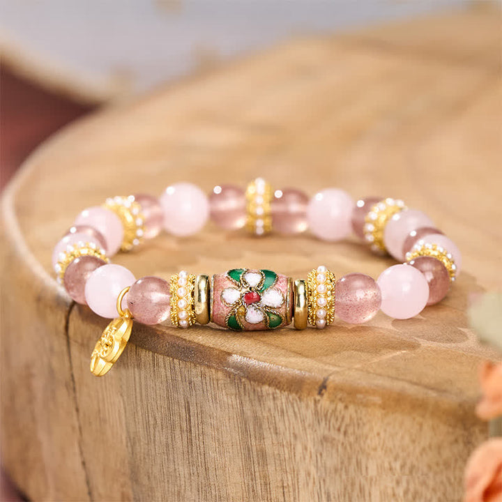 Buddha Stones Colgante de flores de cuarzo rosa y cuarzo fresa natural con esmalte, pulsera redonda de cuentas pulidas con la palabra "amor". - image 2