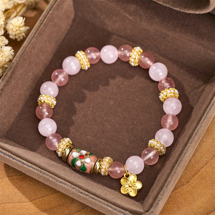 Buddha Stones Colgante de flores de cuarzo rosa y cuarzo fresa natural con esmalte, pulsera redonda de cuentas pulidas con la palabra "amor". - image 1