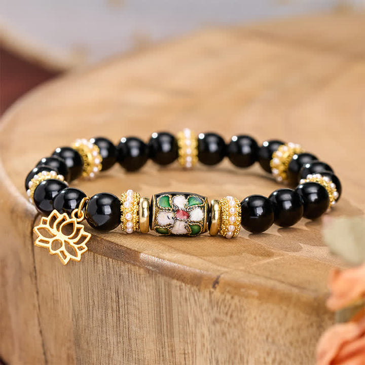 Buddha Stones Pulsera de cuentas redondas con colgante de flores de loto de esmalte cloisonné de obsidiana negra y protección - image 2