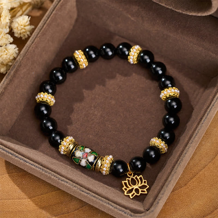 Buddha Stones Pulsera de cuentas redondas con colgante de flores de loto de esmalte cloisonné de obsidiana negra y protección - image 1