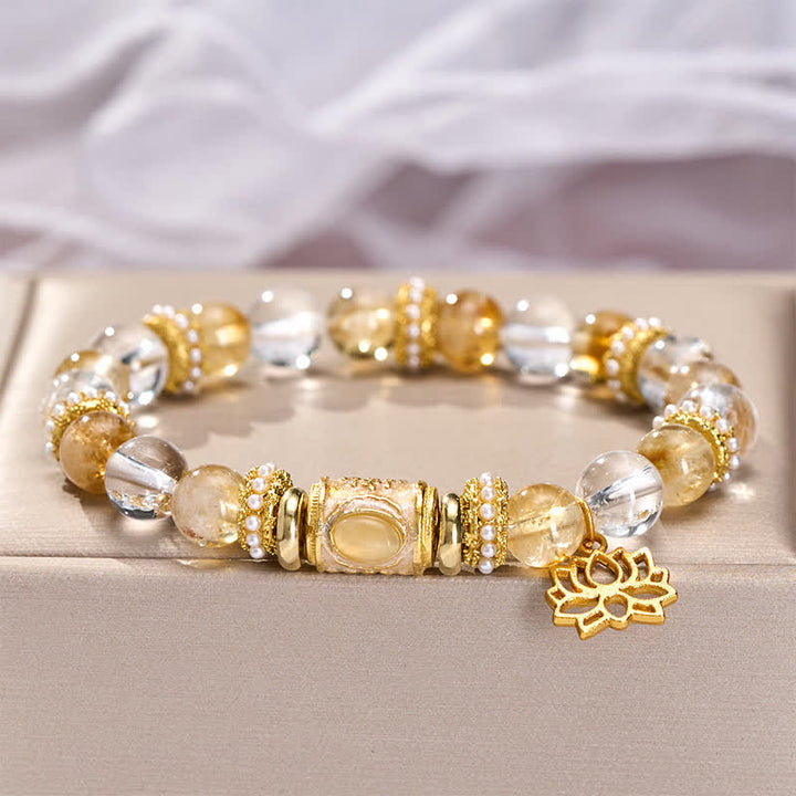 Buddha Stones Pulsera de cuentas redondas de loto con esmalte de cuarzo citrino transparente - image 2