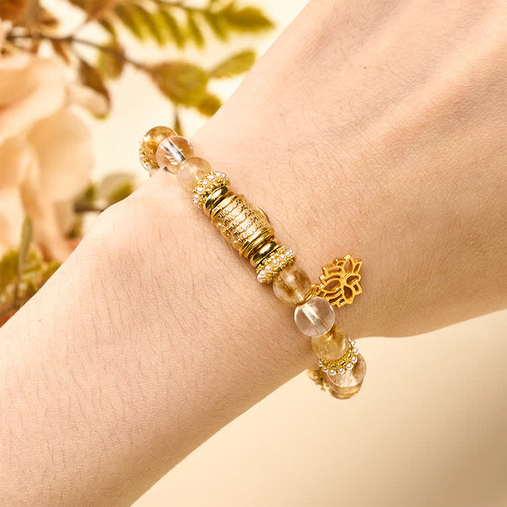 Buddha Stones Pulsera de cuentas redondas de loto con esmalte de cuarzo citrino transparente - image 4