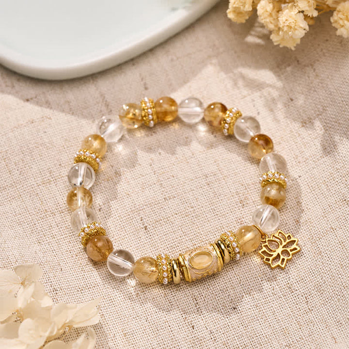 Buddha Stones Pulsera de cuentas redondas de loto con esmalte de cuarzo citrino transparente - Cuarzo citrino transparente (circunferencia de la muñeca: 15–16 cm) - image 0