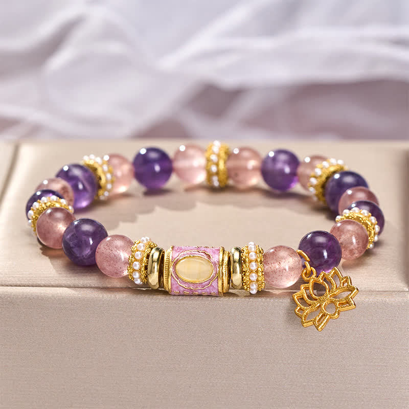 Buddha Stones Colgante de loto con cuentas cilíndricas de cuarzo fresa y amatista natural, esmalte, pulsera redonda de cuentas pulidas a mano. - image 3