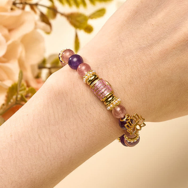 Buddha Stones Colgante de loto con cuentas cilíndricas de cuarzo fresa y amatista natural, esmalte, pulsera redonda de cuentas pulidas a mano. - image 4