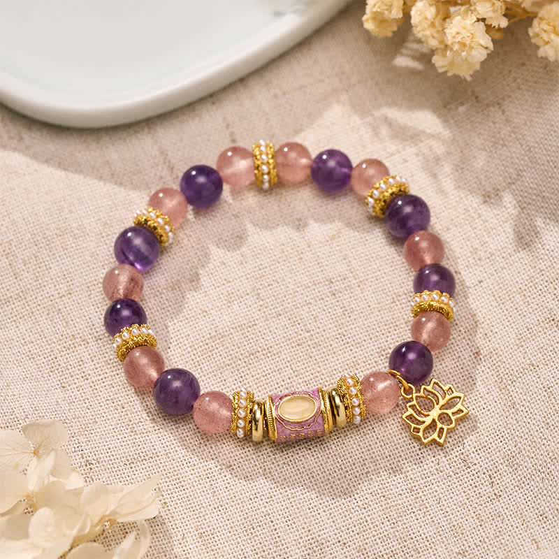 Buddha Stones Colgante de loto con cuentas cilíndricas de cuarzo fresa y amatista natural, esmalte, pulsera redonda de cuentas pulidas a mano. - Cuarzo fresa amatista (circunferencia de la muñeca: 15–16 cm) - image 0