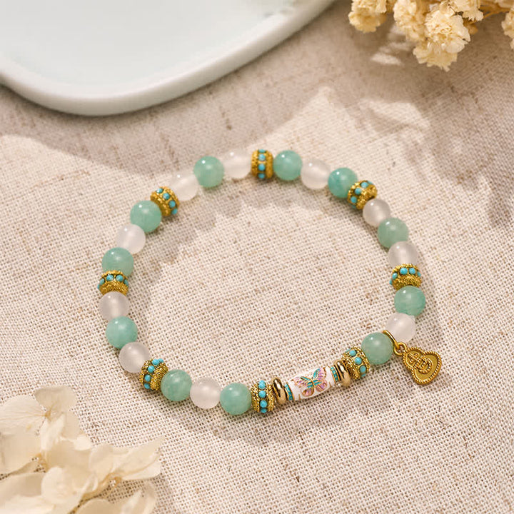 Buddha Stones Pulsera de cuentas redondas pulidas a mano con forma de mariposa, ágata blanca y esmalte amazonita - image 1