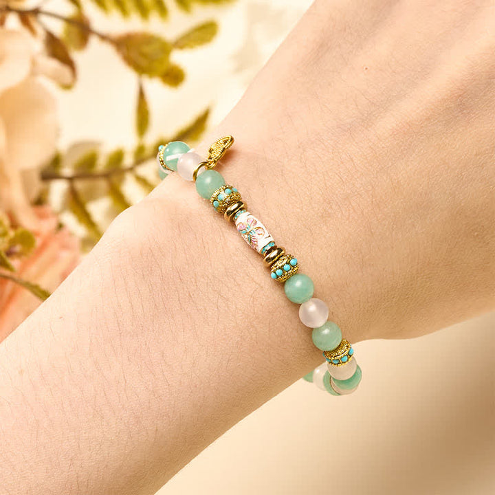 Buddha Stones Pulsera de cuentas redondas pulidas a mano con forma de mariposa, ágata blanca y esmalte amazonita - image 4