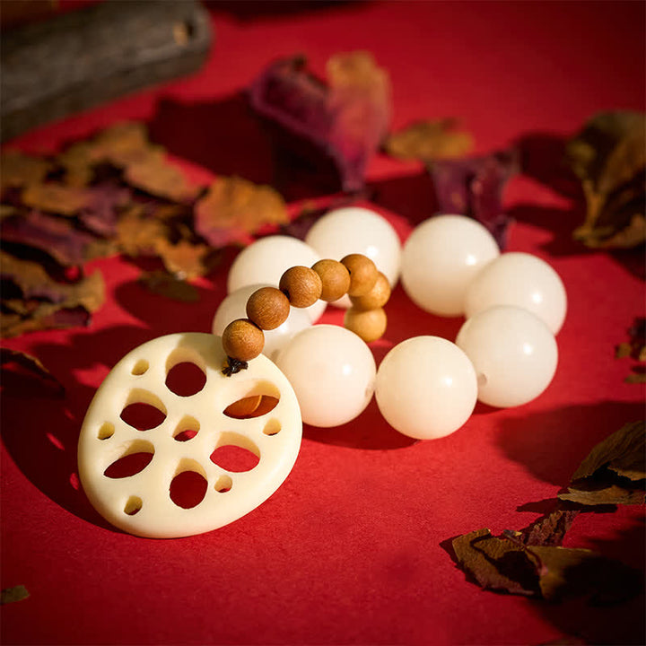 Buddha Stones Colgante de raíz de loto con semillas de Bodhi blancas, cuentas táctiles para meditación y decoración. - image 3
