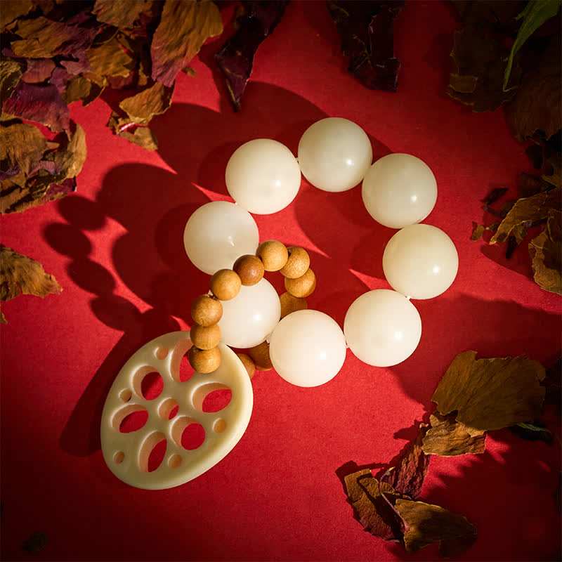 Buddha Stones Colgante de raíz de loto con semillas de Bodhi blancas, cuentas táctiles para meditación y decoración. - image 2