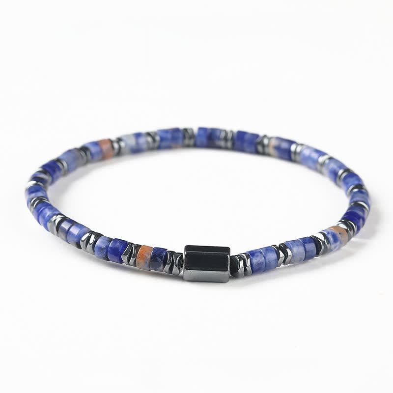 Buddha Stones Pulsera espaciadora de cubo de conexión a tierra de hematita y sodalita - Sodalita (Lógica ♥ Verdad) (Circunferencia de la muñeca: 16-17 cm) - image 0