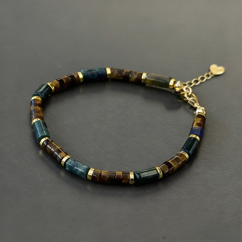 Pulsera de sabiduría con cuentas cilíndricas de lapislázuli, ágata india y ojo de tigre, Buddha Stones. - Con cadena extensora (circunferencia de la muñeca: 16-18 cm) - image 1