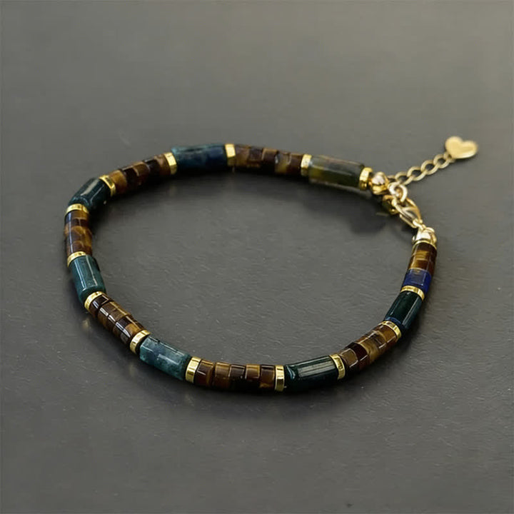 Pulsera de sabiduría con cuentas cilíndricas de lapislázuli, ágata india y ojo de tigre, Buddha Stones. - Con cadena extensora (circunferencia de la muñeca: 16-18 cm) - image 1