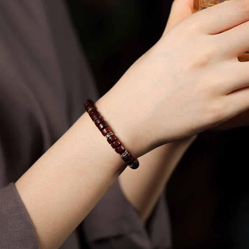 Buddha Stones Pulsera minimalista de cuentas cilíndricas de madera de ébano y palo de rosa rojo - image 6