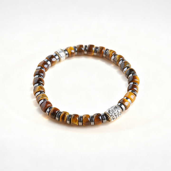 Buddha Stones Pulsera de cuentas de plata antigua con ojo de tigre natural y diseño de león confiado - 7,5–7,9 pulgadas (19–20 cm) - image 0