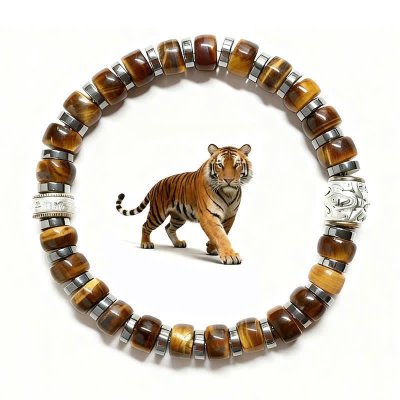 Buddha Stones Pulsera de cuentas de plata antigua con ojo de tigre natural y diseño de león confiado - image 0