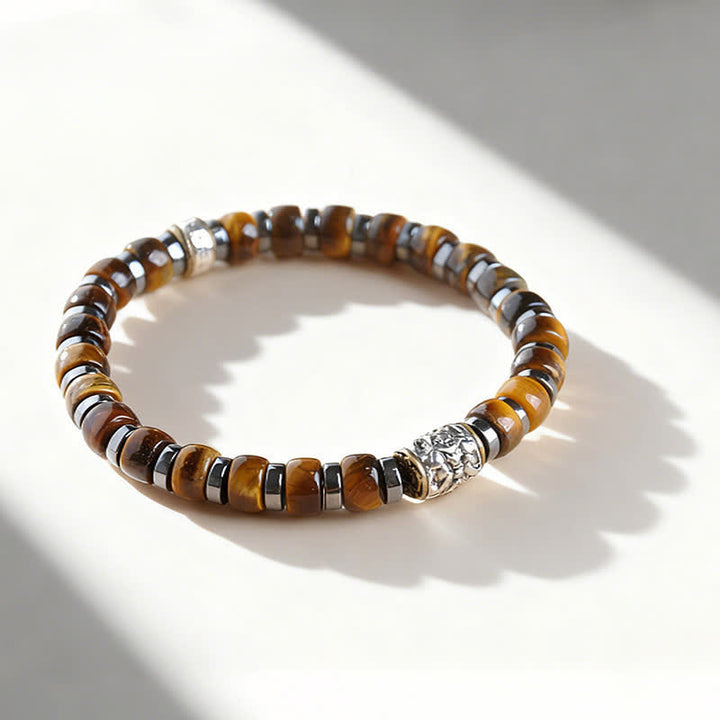 Buddha Stones Pulsera de cuentas de plata antigua con ojo de tigre natural y diseño de león confiado - image 1
