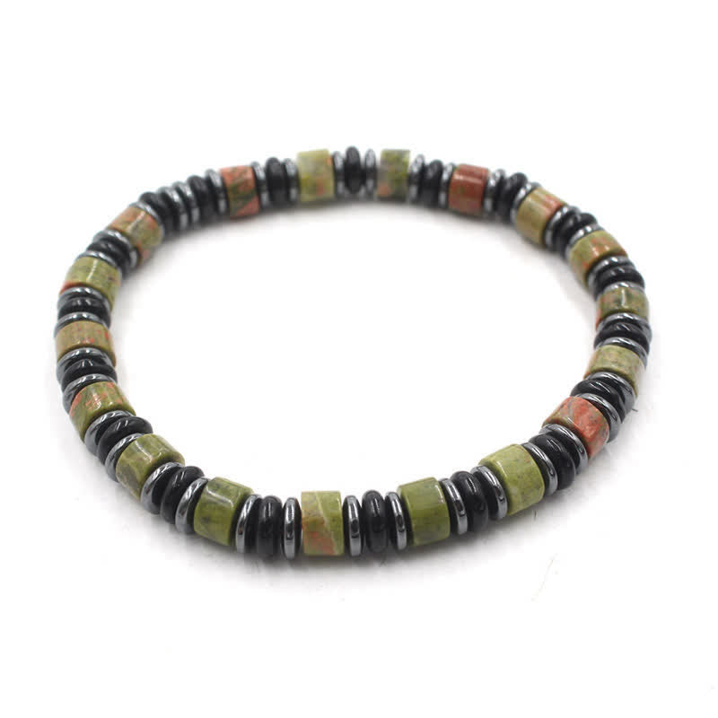 Buddha Stones Pulsera étnica de cuentas planas de hematita y obsidiana negra pulida a mano. - Unakita (Equilibrio ♥ Crecimiento) (Circunferencia de la muñeca: 15-16 cm) - image 12