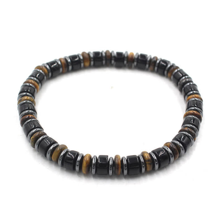 Buddha Stones Pulsera étnica de cuentas planas de hematita y obsidiana negra pulida a mano. - Obsidiana negra (Protección ♥ Conexión a tierra) (Circunferencia de la muñeca: 15-16 cm) - image 0