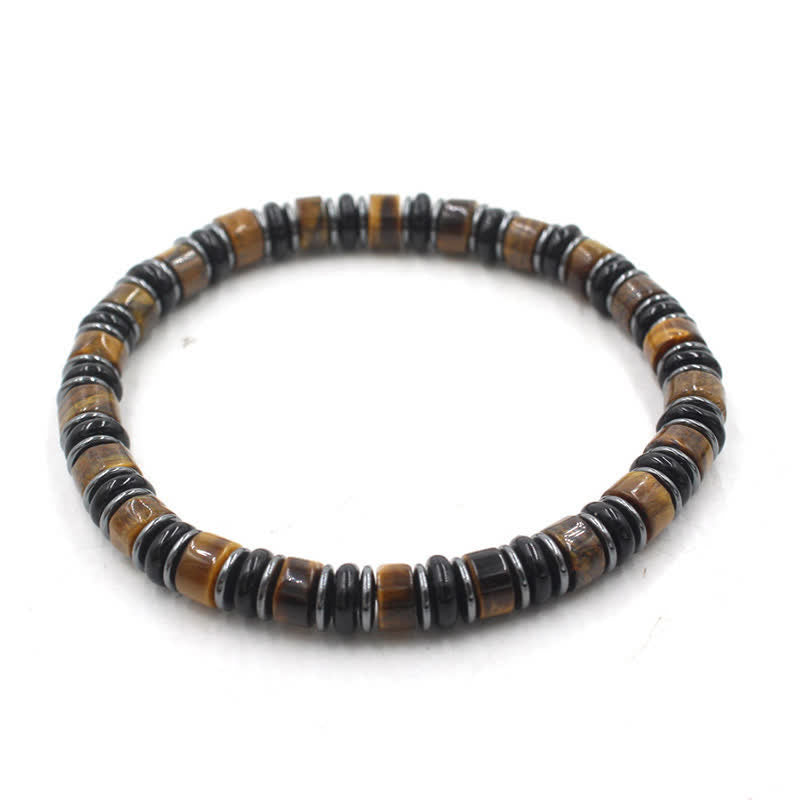 Buddha Stones Pulsera étnica de cuentas planas de hematita y obsidiana negra pulida a mano. - Ojo de Tigre (Confianza ♥ Enfoque) (Circunferencia de la muñeca: 15-16 cm) - image 0
