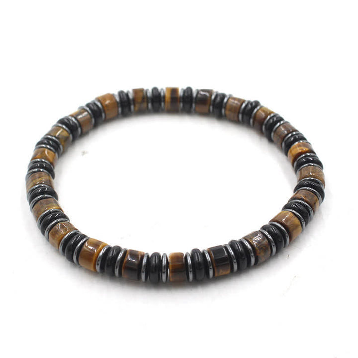 Buddha Stones Pulsera étnica de cuentas planas de hematita y obsidiana negra pulida a mano. - Ojo de Tigre (Confianza ♥ Enfoque) (Circunferencia de la muñeca: 15-16 cm) - image 0