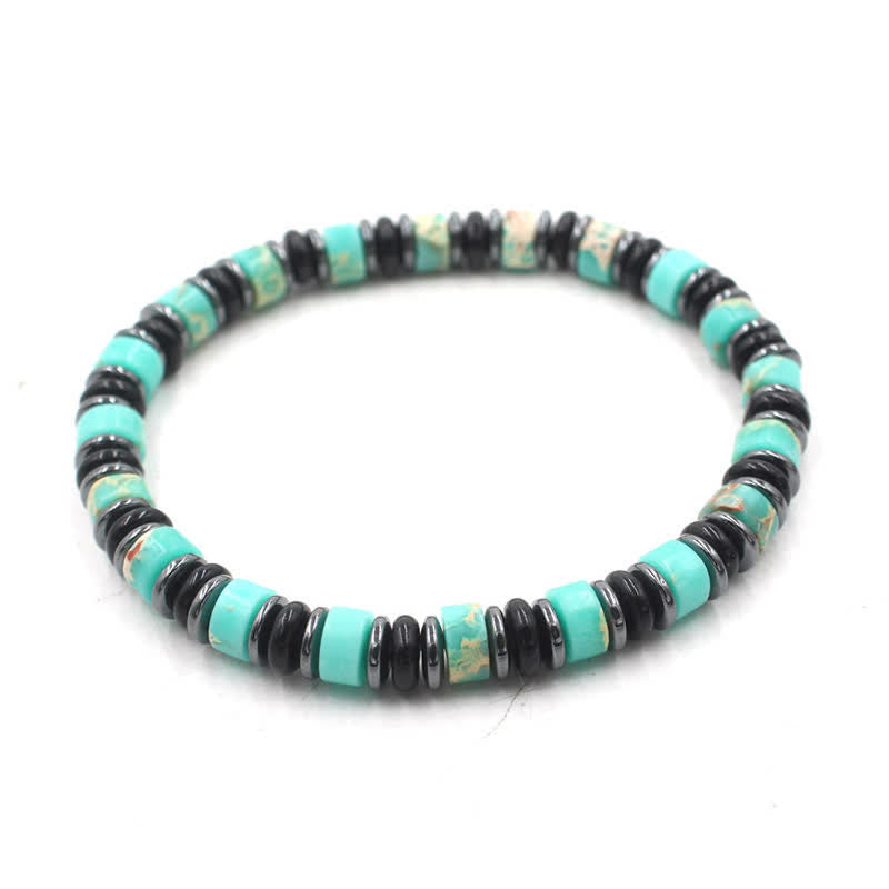 Buddha Stones Pulsera étnica de cuentas planas de hematita y obsidiana negra pulida a mano. - Turquesa (Protección ♥ Comunicación) (Circunferencia de la muñeca: 15-16 cm) - image 4