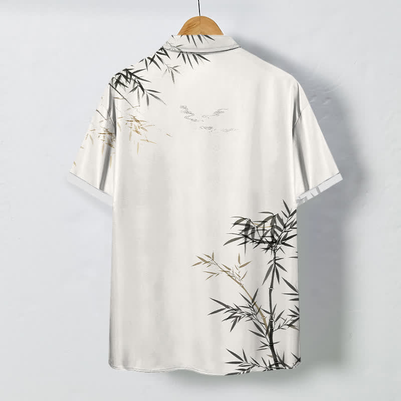Buddha Stones Camisa de manga corta para hombre con botones estampados de hojas de bambú y tinta, resistente a las arrugas. - image 1