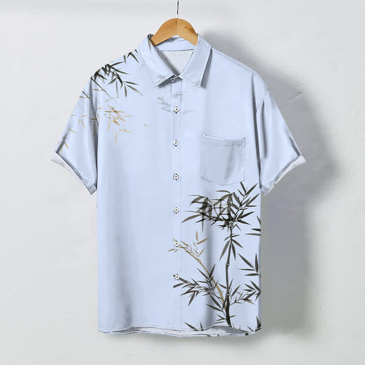 Buddha Stones Camisa de manga corta para hombre con botones estampados de hojas de bambú y tinta, resistente a las arrugas. - Azul cielo claro - US/UK/AU48, UE58 (4XL) - image 3