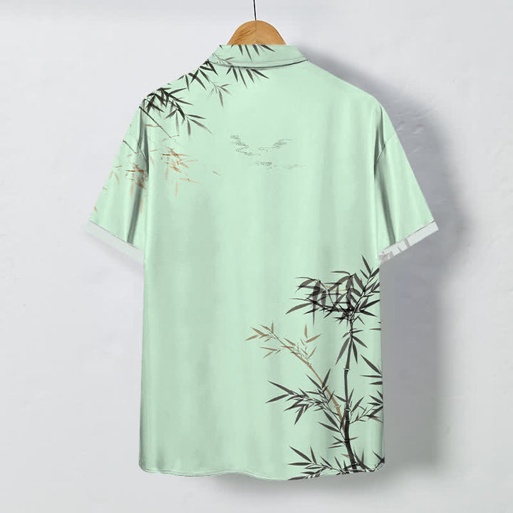 Buddha Stones Camisa de manga corta para hombre con botones estampados de hojas de bambú y tinta, resistente a las arrugas. - image 6