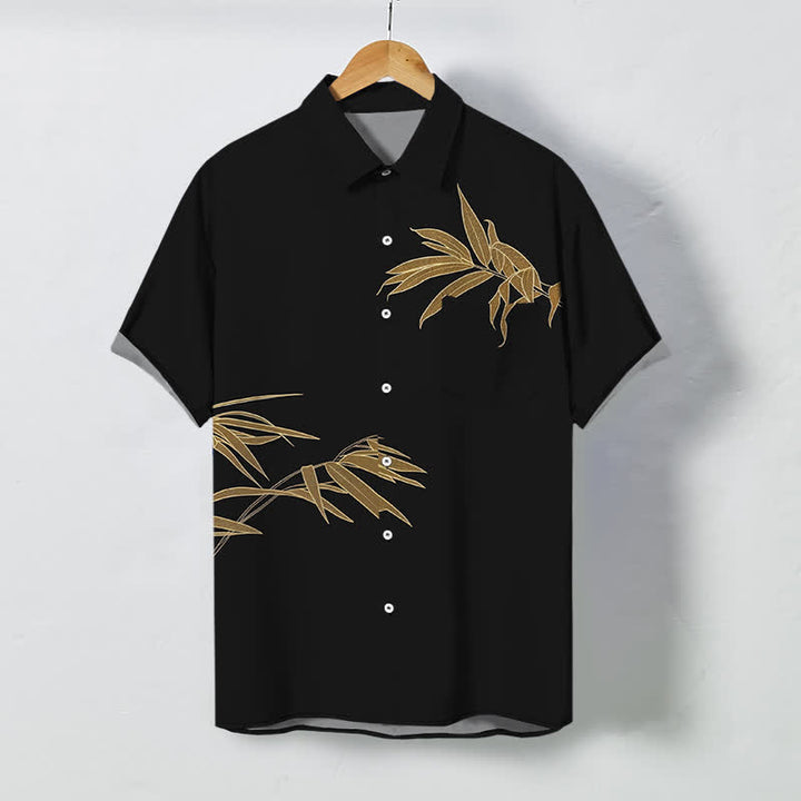 Buddha Stones Camisa transpirable de manga corta para hombre con botones y estampado de hojas de bambú doradas - Negro - US/UK/AU48, UE58 (4XL) - image 0