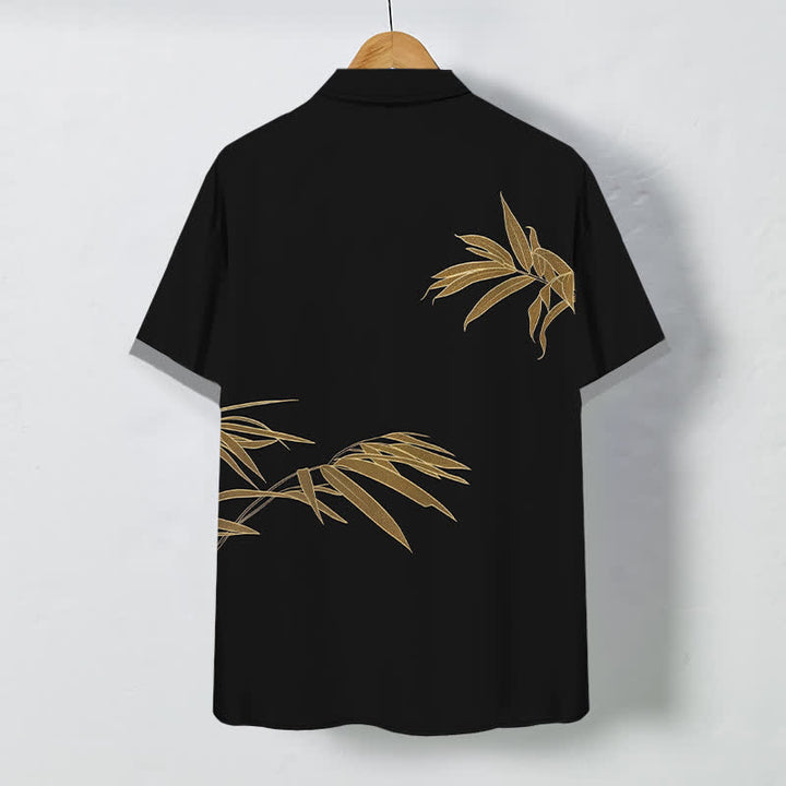Buddha Stones Camisa transpirable de manga corta para hombre con botones y estampado de hojas de bambú doradas - image 1