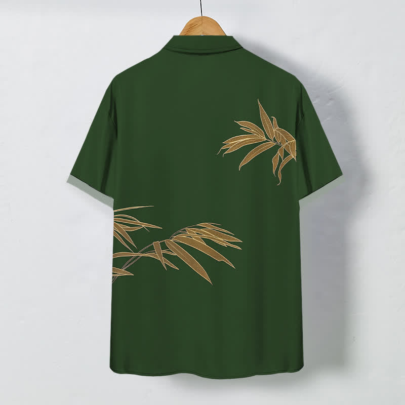 Buddha Stones Camisa transpirable de manga corta para hombre con botones y estampado de hojas de bambú doradas - image 6