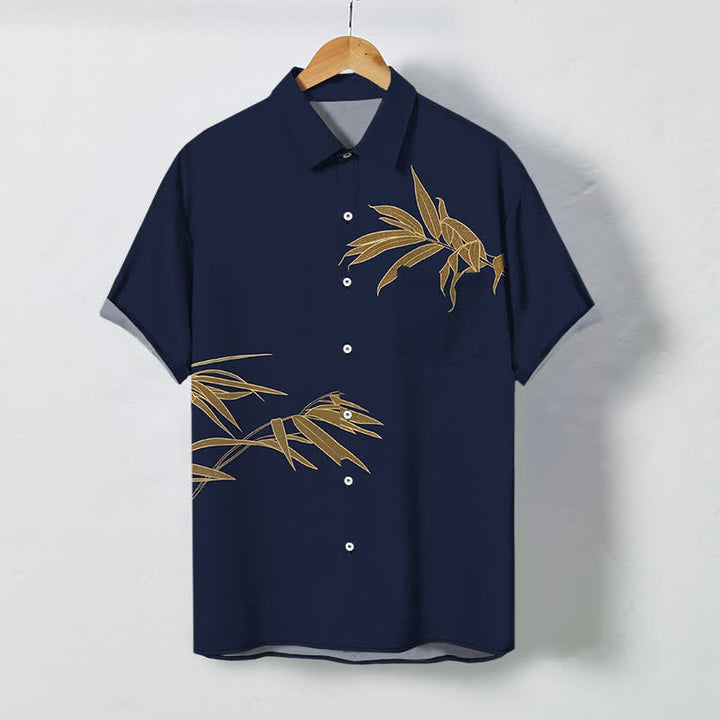 Buddha Stones Camisa transpirable de manga corta para hombre con botones y estampado de hojas de bambú doradas - Azul medianoche - US/UK/AU48, UE58 (4XL) - image 7