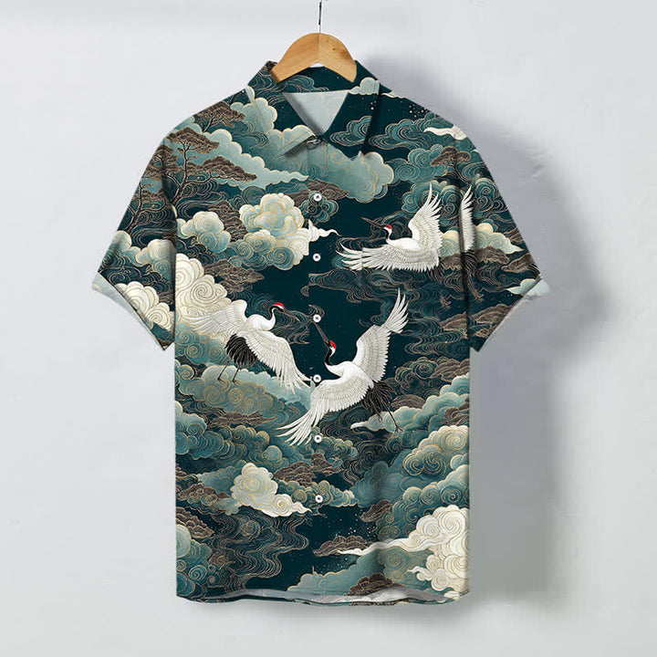 Buddha Stones Camisa de manga corta transpirable para hombre con botones y estampado de nubes y grullas orientales. - Verde azulado - US/UK/AU48, UE58 (4XL) - image 0