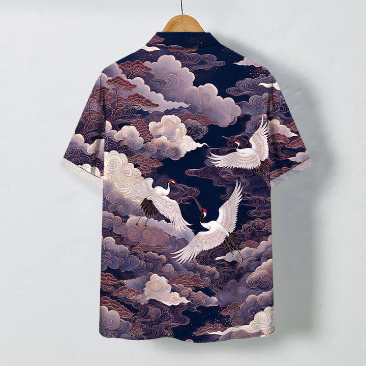 Buddha Stones Camisa de manga corta transpirable para hombre con botones y estampado de nubes y grullas orientales. - image 6
