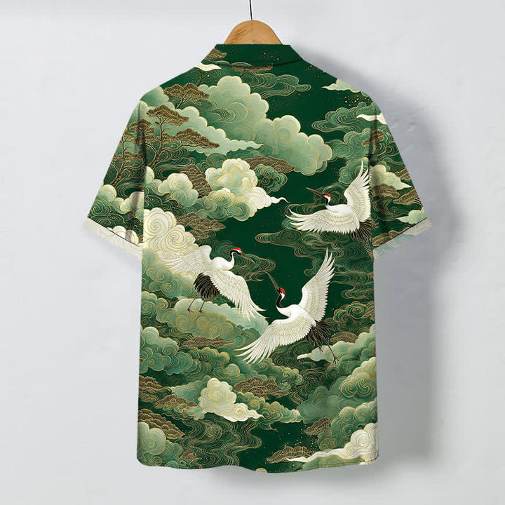 Buddha Stones Camisa de manga corta transpirable para hombre con botones y estampado de nubes y grullas orientales. - image 8